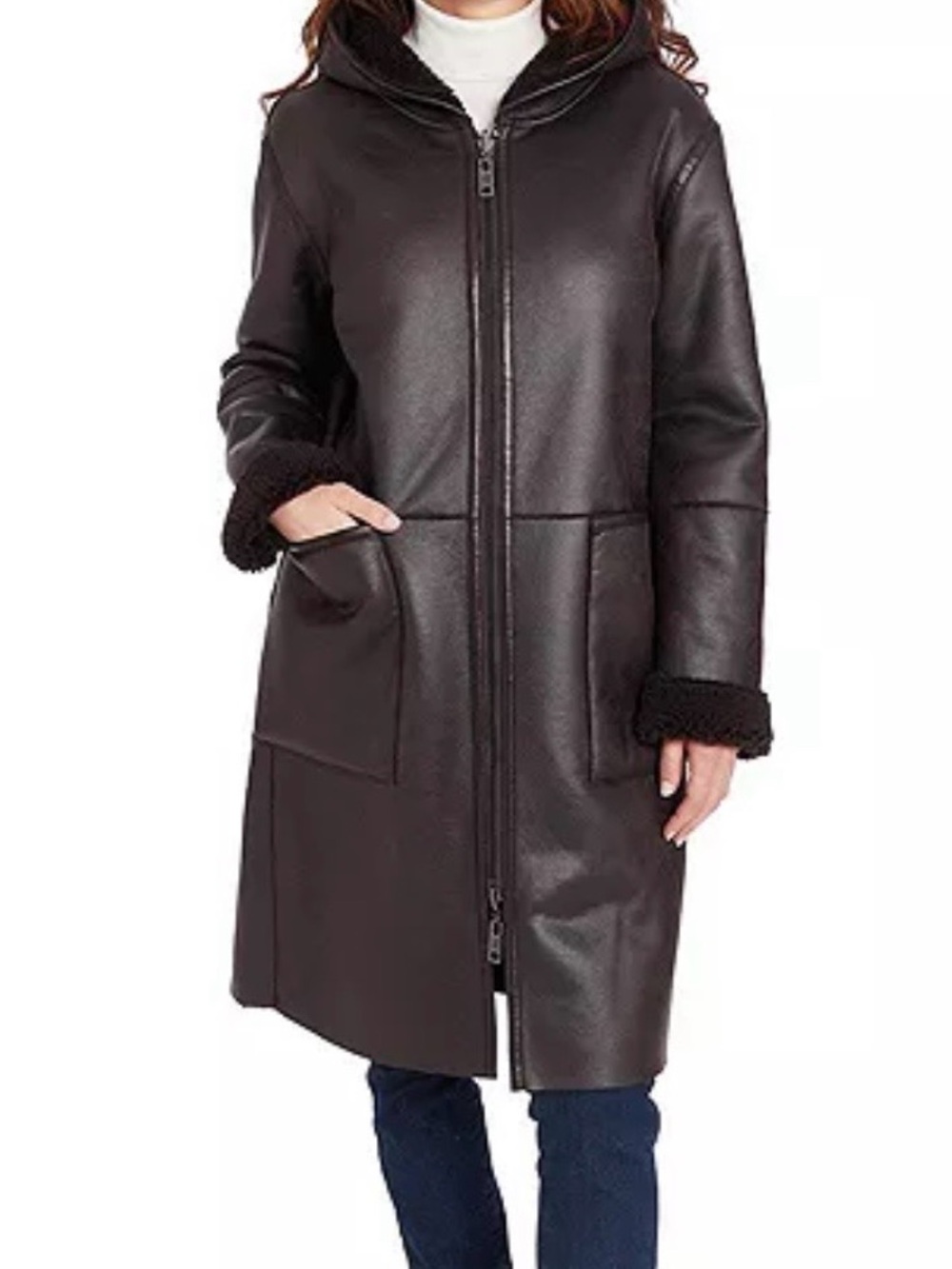 DKNY Hooded Faux-Shearling Coat